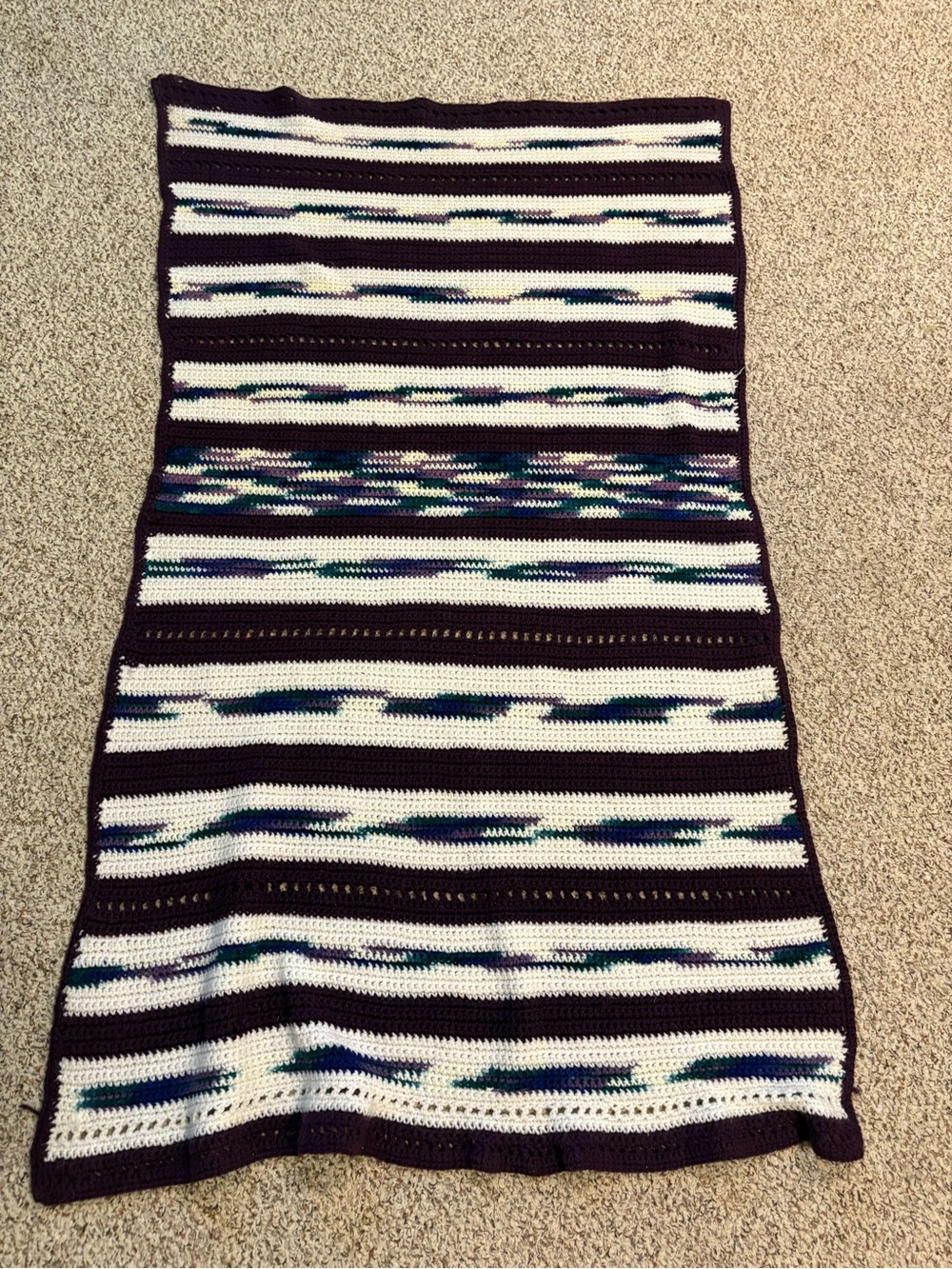 Handmade Purple, Green, and White Striped Crochet Throw